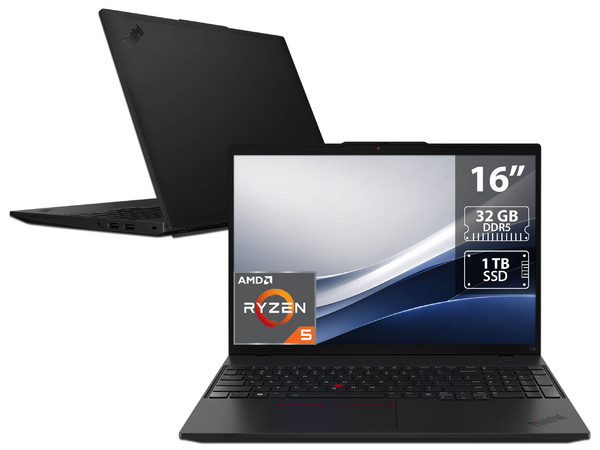 Laptop Lenovo ThinkPad L16 Gen 2: 
Procesador AMD Ryzen 5 Pro 215 (hasta 4.7 GHz), 
Memoria de 32GB DDR5, 
SSD de 1TB, 
Pantalla de 16