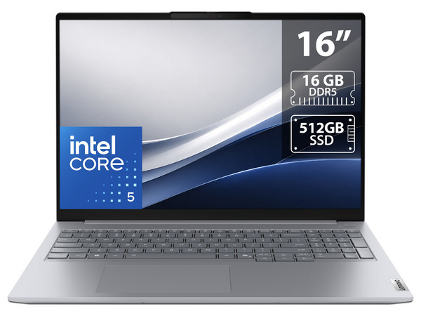 Laptop Lenovo ThinkBook 16: 
Procesador Intel Core 5 210H (hasta 4.8 GHz), 
Memoria de 16GB DDR5, 
SSD de 512GB, 
Pantalla de 16