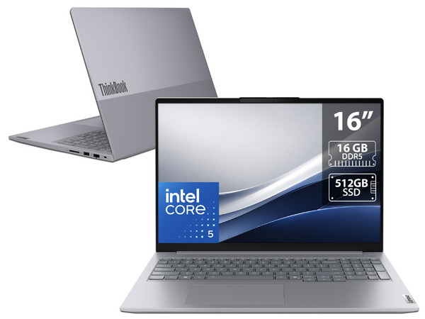 Laptop Lenovo ThinkBook 16: 
Procesador Intel Core 5 210H (hasta 4.8 GHz), 
Memoria de 16GB DDR5, 
SSD de 512GB, 
Pantalla de 16