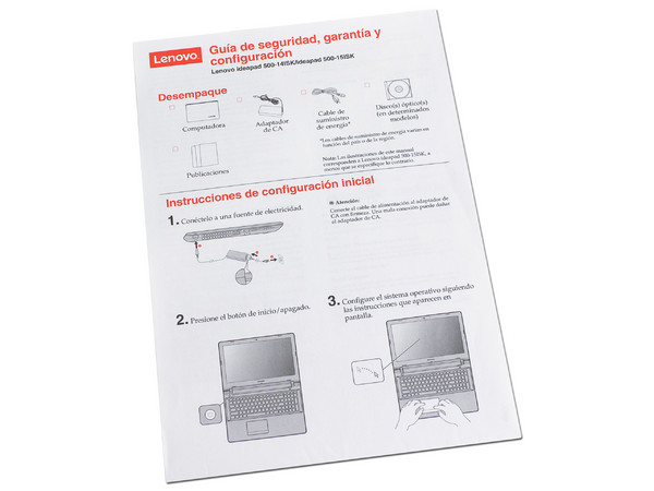 Laptop Lenovo Ideapad 500-14ISK:
Procesador Intel Core i5 6200U (hasta 2.8 GHz),
Memoria de 8GB DDR3L,
Disco Duro de 1TB,
Pantalla de 14