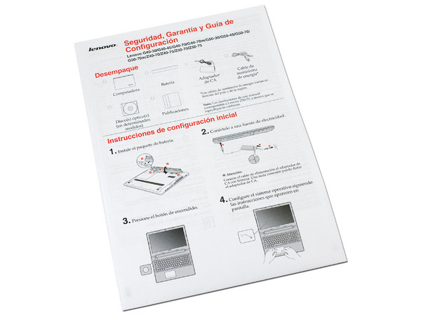 Laptop Lenovo G40-45 (80E1):
Procesador AMD E1-6010 (1.35 GHz),
2 GB DDR3, D.D. de 500 GB,
Pantalla LED de 14