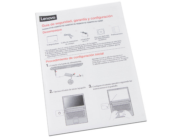 Laptop Lenovo V110-14IAP:
Procesador Intel Celeron N 3350 (hasta 2.4 GHz),
Memoria de 2GB DDR3L,
Disco Duro de 500GB,
Pantalla de 14