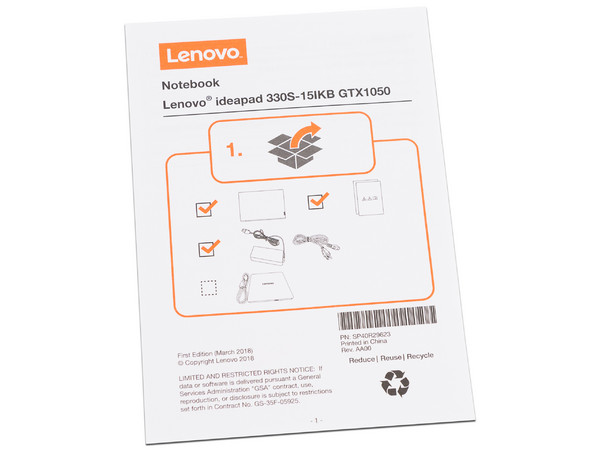 Laptop Lenovo IdeaPad 330S-15IKB:
Video GeForce GTX 1050M,
Procesador Intel Core i5 8250U (hasta 3.40 GHz),
Memoria de 24GB (16GB de Intel Optane),
Disco Duro de 1TB,
Pantalla de 15.6