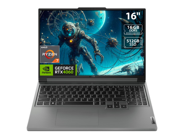 Laptop Gamer Lenovo Legion Slim 5 16ARP9:
Procesador AMD Ryzen 7 7435HS (hasta 4.5 GHz),
Memoria de 16GB DDR5,
SSD de 512GB,
Pantalla de 16