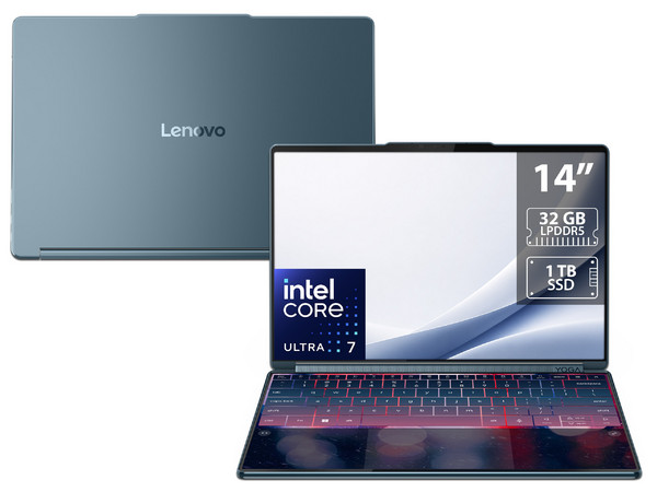 Laptop Lenovo Yoga Book 9 14IAH10:
Procesador Intel Core Ultra 7 255H (hasta 5.1 GHz),
Memoria de 32GB LPDDR5,
SSD de 1TB,
Pantalla Táctil Doble de 14