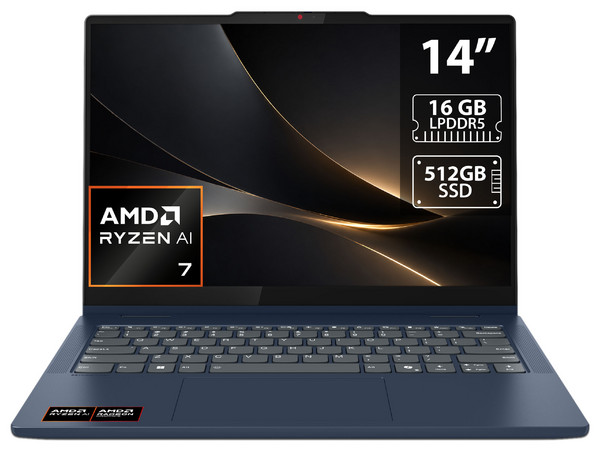 Laptop Lenovo IdeaPad 5 14AKP10:
Procesador AMD Ryzen 7 AI 350 (hasta 5.0 GHz),
Memoria de 16GB LPDDR5,
SSD de 512GB,
Pantalla de 14