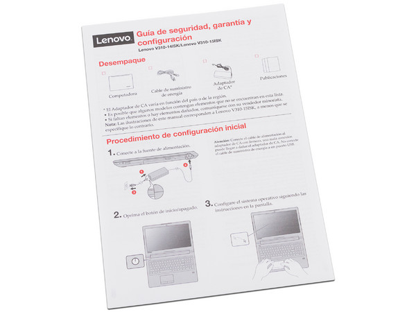 Laptop Lenovo V310-14ISK:
Procesador Intel Core i3 6006U (2.00 GHz),
Memoria de 4GB DDR3L,
Disco Duro de 500GB,
Pantalla de 14