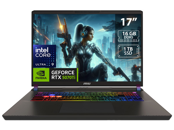 Laptop Gamer MSI Vector 17: 
Procesador Intel Core Ultra 9 275HX (hasta 5.4 GHz), 
Memoria de 16GB DDR5, 
SSD de 1TB, 
Pantalla de 17