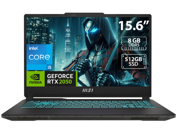 Laptop Gamer MSI Cyborg 15: 
Procesador Intel Core i5 12450H (hasta 4.4 GHz), 
Memoria de 8GB DDR5, 
SSD de 512GB, 
Pantalla de 15.6