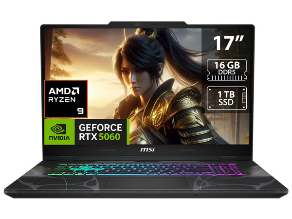 Laptop Gamer MSI Cyborg 17 AI: 
Procesador AMD Ryzen 9 270 (hasta 5.2 GHz), 
Memoria de 16GB DDR5, 
SSD de 1TB, 
Pantalla de 17