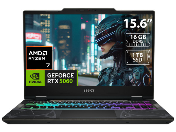 Laptop Gamer MSI Cyborg A15: 
Procesador AMD Ryzen 7 260 (hasta 5.1 GHz), 
Memoria de 16GB DDR5, 
SSD de 1TB, 
Pantalla de 15.6 