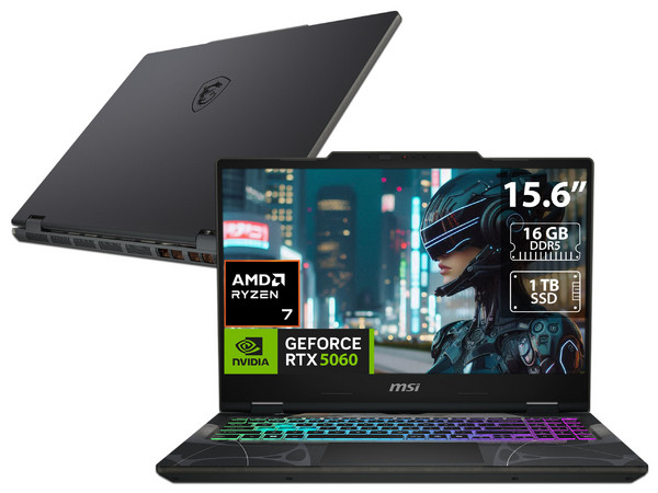 Laptop Gamer MSI Cyborg A15: 
Procesador AMD Ryzen 7 260 (hasta 5.1 GHz), 
Memoria de 16GB DDR5, 
SSD de 1TB, 
Pantalla de 15.6 