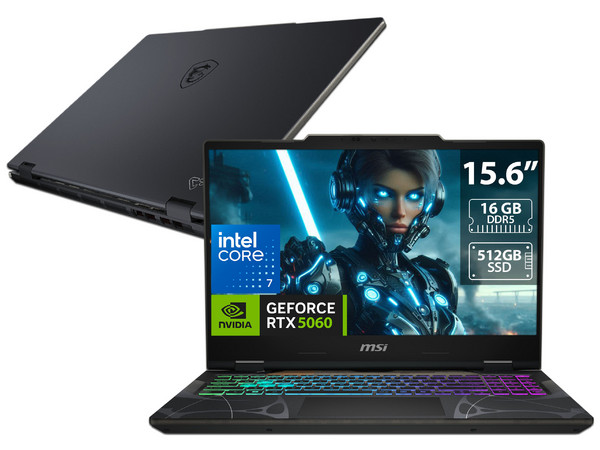 Laptop Gamer MSI Cyborg 15: 
Procesador Intel Core 7 240H (hasta 5.2 GHz), 
Memoria de 16GB DDR5, 
SSD de 512GB, 
Pantalla de 15.6