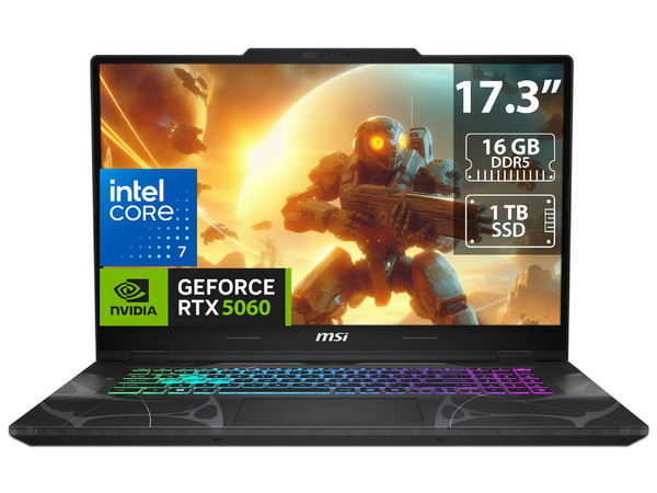 Laptop Gamer MSI CYBORG 17:
Procesador Intel Core 7 240H (hasta 5.2 GHz),
Memoria de 16GB DDR5,
SSD de 1TB,
Pantalla de 17.3