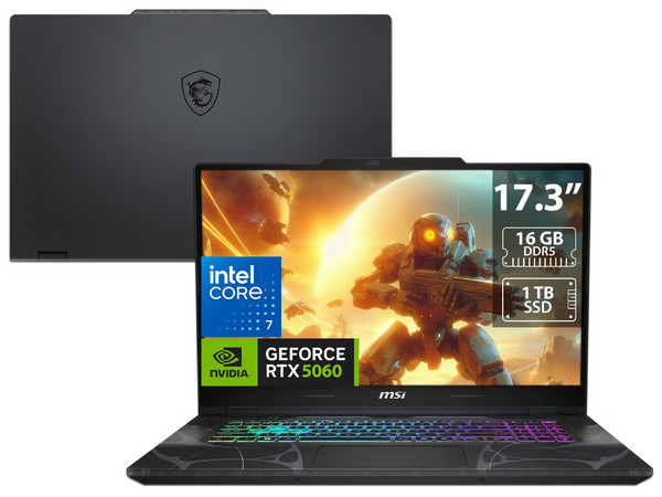 Laptop Gamer MSI CYBORG 17:
Procesador Intel Core 7 240H (hasta 5.2 GHz),
Memoria de 16GB DDR5,
SSD de 1TB,
Pantalla de 17.3