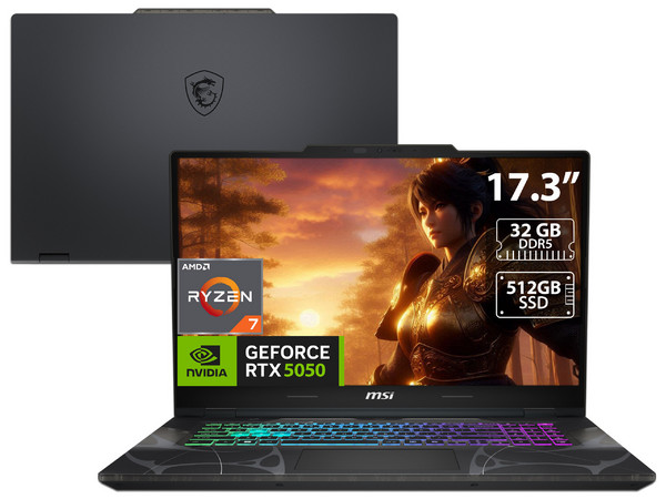 Laptop MSI CYBORG 17 AI B2HW:
Procesador AMD Ryzen 7 260 (hasta 5.1 GHz),
Memoria de 16GB DDR5,
SSD de 512GB,
Pantalla de 17.3