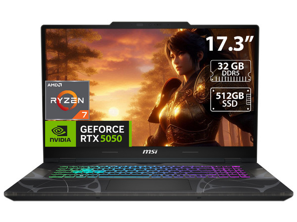 Laptop MSI CYBORG 17 AI B2HW:
Procesador AMD Ryzen 7 260 (hasta 5.1 GHz),
Memoria de 16GB DDR5,
SSD de 512GB,
Pantalla de 17.3