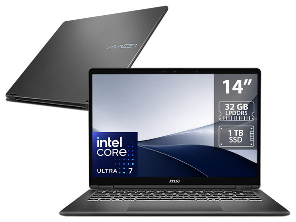Laptop MSI PRESTIGE 14 FLIP AI+: 
Procesador Intel Core Ultra 7 358H (hasta 4.8 GHz), 
Memoria de 32GB LPDDR5,
SSD de 1TB, 
Pantalla de 14