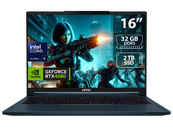 Laptop Gamer MSI Stealth 16 AI Studio: 
Procesador Intel Core Ultra 9 185H (hasta 5.1 GHz), 
Memoria de 32GB DDR5, 
SSD de 2TB, 
Pantalla de 16