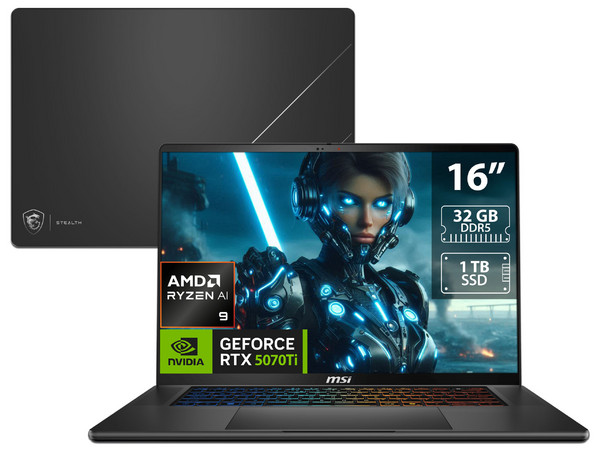 Laptop Gamer MSI STEALTH A16 AI+: 
Procesador AMD Ryzen AI 9 365 (hasta 5.0 GHz), 
Memoria de 32GB DDR5, 
SSD de 1TB, 
Pantalla de 16