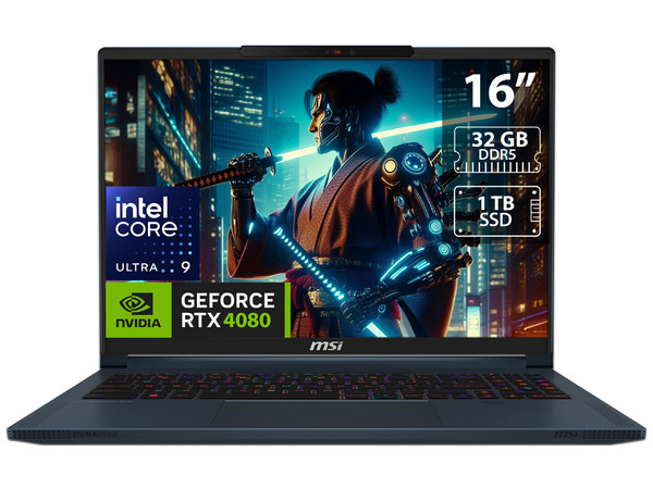 Laptop Gamer MSI Stealth 16 AI Studio A1V: 
Procesador Intel Core Ultra 9 185H (hasta 5.1 GHz), 
Memoria de 32GB DDR5, 
SSD de 1TB, 
Pantalla de 16