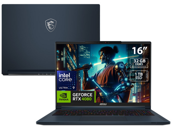 Laptop Gamer MSI Stealth 16 AI Studio A1V: 
Procesador Intel Core Ultra 9 185H (hasta 5.1 GHz), 
Memoria de 32GB DDR5, 
SSD de 1TB, 
Pantalla de 16