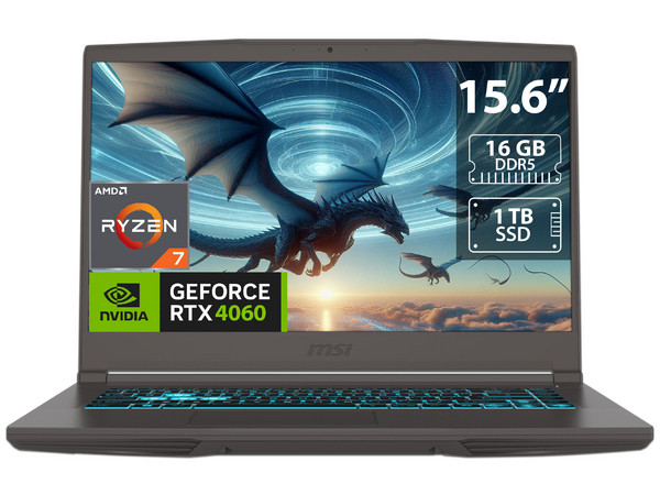 Laptop Gamer MSI THIN A15: 
Procesador AMD Ryzen 7 7735HS (hasta 4.75 GHz), 
Memoria de 16GB DDR5, 
SSD de 1TB, 
Pantalla de 15.6