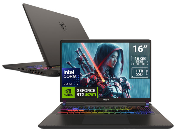 Laptop Gamer MSI Vector 16: 
Procesador Intel Core Ultra 7 255HX (hasta 5.2 GHz), 
Memoria de 16GB DDR5, 
SSD de 1TB, 
Pantalla de 16