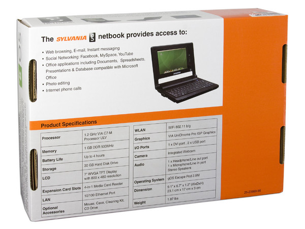 UltraPortátil Netbook Sylvania G,
Procesador Mobile VIA C7-M (1.2GHz),
Memoria 1GB DDR, Pantalla TFT/WXGA de 7