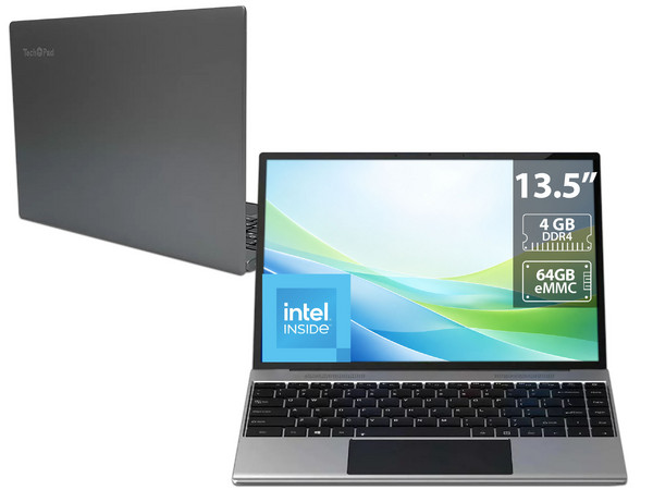 Laptop TechPad Cosmos 13:
Procesador Intel Pentium J3710 (hasta 2.64 GHz),
Memoria de 4GB DDR4,
Almacenamiento eMMC de 64GB,
Pantalla de 13.5