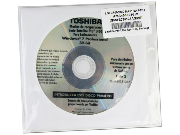 Laptop Toshiba Satellite Pro L450-SP2918R:
Procesador Intel Core 2 Duo T5870 (2.0GHz),
Memoria de 2GB DDR2, Disco Duro de 250GB,
Pantalla LCD de 15.6”, DVD/RW Super-Multi,
Red Inalámbrica 802.11b/g,
Windows 7 Profesional