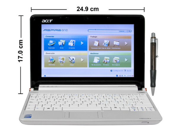 UltraPortátil Netbook Acer Aspire One:
Procesador Intel Atom N270 (1.60 GHz),
Memoria de 1GB DDR II, Disco Duro de 160GB,
Pantalla de 8.9
