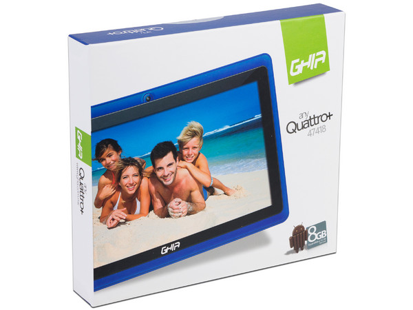 Tablet GHIA Any QUATTRO+ 47418,
Procesador Cortex A33 Quad Core (1.3GHz),
Memoria RAM de 1GB, Almacenamiento 8GB,
Pantalla Multi-touch de 7