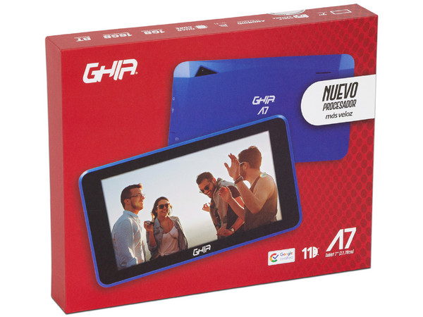 Tablet GHIA A7 WiFi:
Procesador A133 Quad Core hasta 1.5GHz,
Memoria RAM de 1GB, Almacenamiento de 16GB,
Pantalla LED Multi Touch de 7