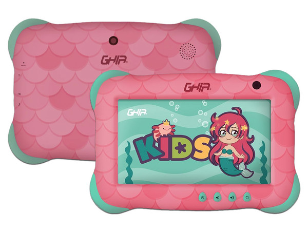 Tablet GHIA Kids 7: 
Procesador A133 Quad Core (hasta 1.5GHz), 
Memoria RAM de 2GB, Almacenamiento de 32GB, 
Pantalla LED Multi Touch de 7