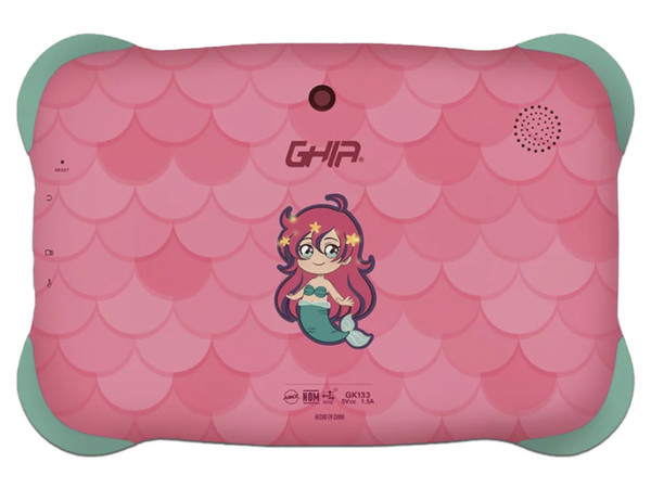 Tablet GHIA Kids 7: 
Procesador A133 Quad Core (hasta 1.5GHz), 
Memoria RAM de 2GB, Almacenamiento de 32GB, 
Pantalla LED Multi Touch de 7