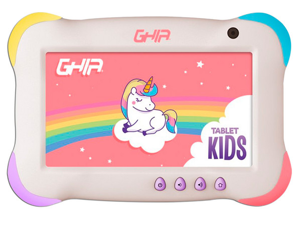 Tablet GHIA Kids 7:
Procesador A133 Quad Core hasta 1.5GHz,
Memoria RAM de 2GB, Almacenamiento de 32GB,
Pantalla LED Multi Touch de 7