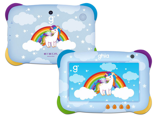 Tablet GHIA KIDS Unicornio:
Procesador Penta-Core (hasta 1.8 GHz), 
Memoria RAM de 4GB, Almacenamiento de 64GB, 
Pantalla LED Multi-Touch de 7