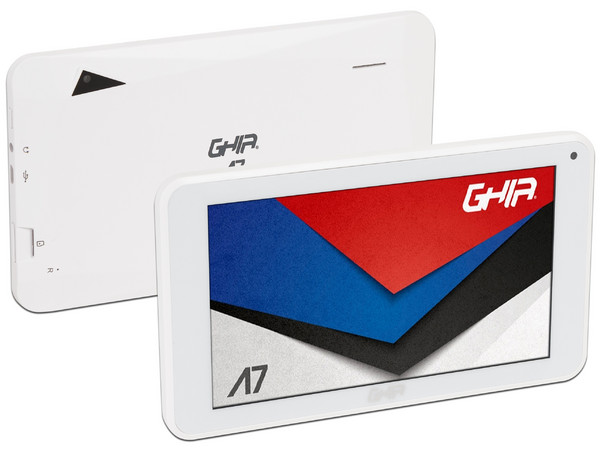 Tablet Ghia A7:
Procesador Quad Core (1.5 GHz),
Memoria RAM de 1GB, Almacenamiento de 16GB,
Soporta microSD, Pantalla de 7