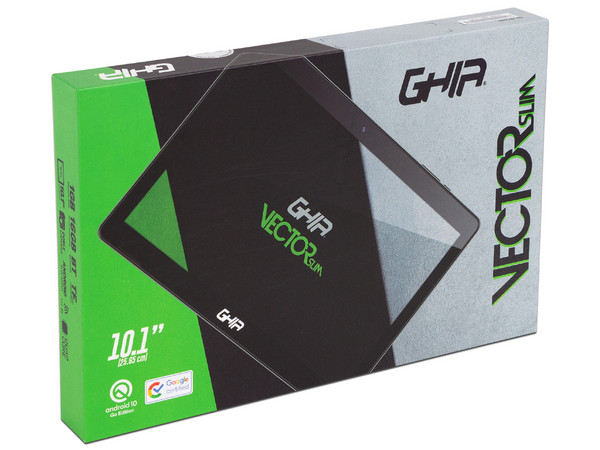 Tablet GHIA Vector Slim 10.1: 
Procesador Quad Core A50 (1.80 GHz), 
Memoria RAM de 1GB, Almacenamiento de 16GB, 
Pantalla LED Multi Touch de 10.1