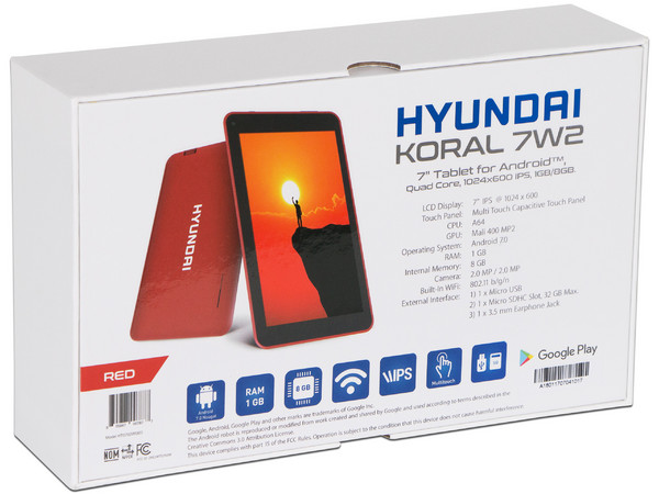 Tablet Hyundai Koral 7W2:
Android 7.0 Nougat,
Procesador Quad Core (1.3 Ghz),
Memoria RAM de 1GB, Almacenamiento 8GB,
Pantalla IPS Multi-Touch de 7