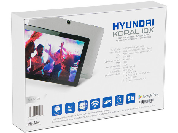 Tablet Hyundai Koral 10X:
Android 7.0 Nougat,
Procesador Allwinner A64 Quad Cortex-A53 (1.2 Ghz),
Memoria RAM de 1GB, Almacenamiento de 16GB,
Cámaras: 2MP/5MP, Pantalla IPS Multi-Touch de 10.1
