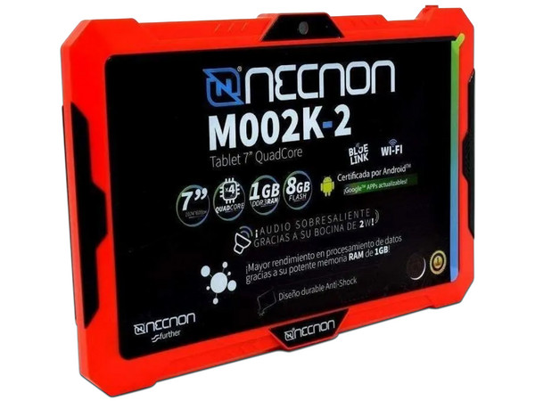 Tablet Necnon M002K2:
Procesador Quad Core (1.8 GHz),
Memoria RAM de 2GB, Almacenamiento de 16GB,
Pantalla LED Multi Touch de 7