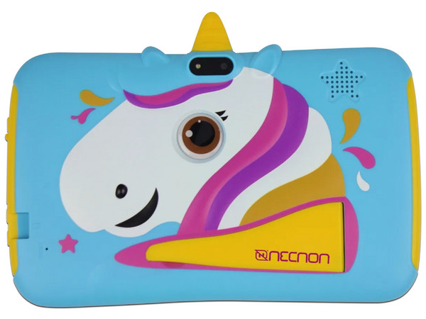 Tablet Necnon Kids M002U-2T:
Procesador Quad Core (1.8 GHz),
Memoria RAM de 1GB, Almacenamiento de 16GB,
Soporta Micro SD, Pantalla de 7