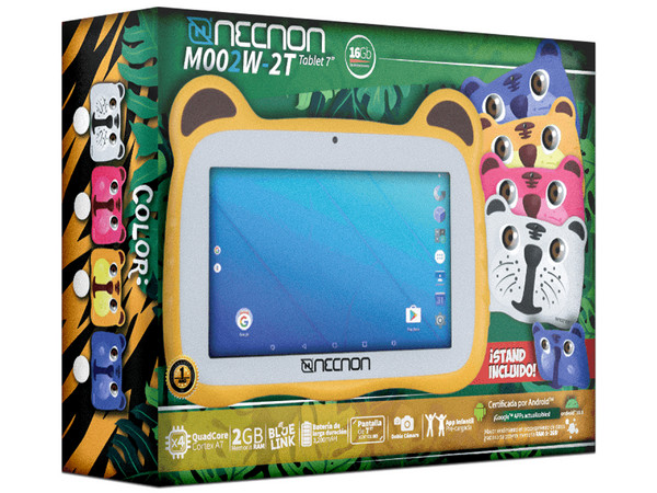 Tablet NECNON M002W-2T-AZ:
Procesador Allwinner 50A Quad-core ARM Cortex A7,
Memoria RAM de 2GB, Almacenamiento de 16GB,
Soporta Micro SD, Pantalla de 7