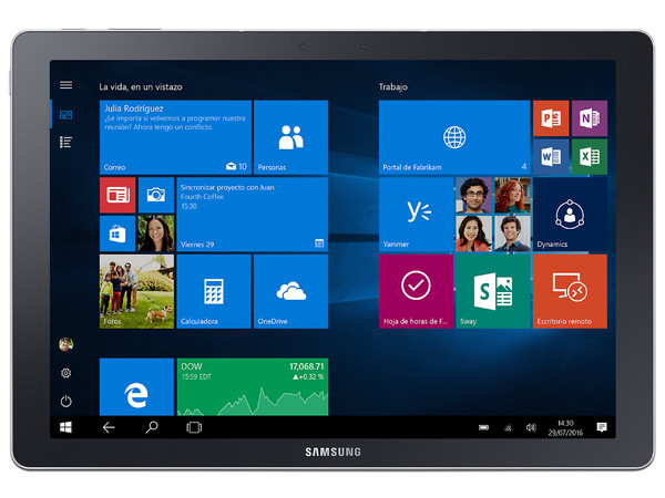 Tablet Samsung Galaxy Tab Pro S:
Procesador Intel Core M (hasta 2.2 GHz),
Memoria RAM de 4GB, Almacenamiento de 128GB,
Cámaras: 5MP/5MP, Pantalla Multi-Touch de 12