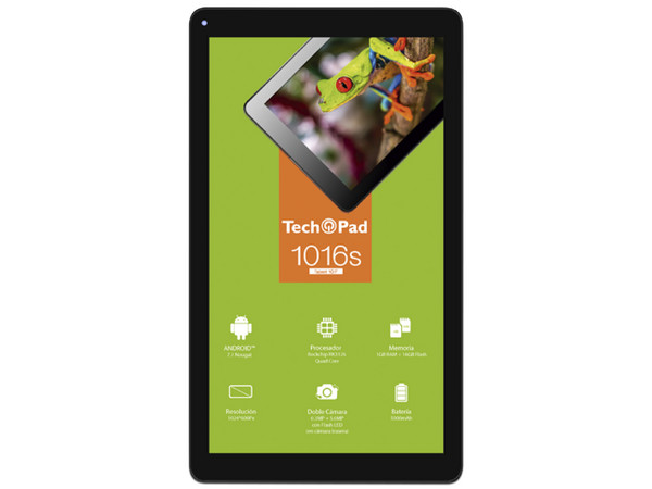 Tablet TechPad 1016S:
Procesador Rockchip RK3126 Quad Core (1.2 GHz),
Memoria RAM de 1GB, Almacenamiento de 16GB,
Pantalla LED Multi Touch de 10