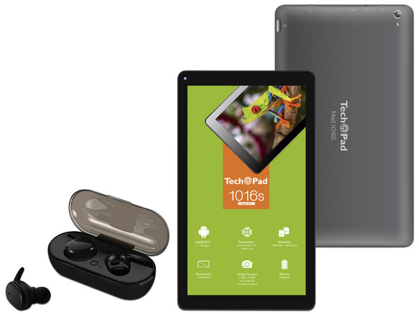 Tablet TechPad 1016S:
Procesador Rockchip RK3126 Quad Core (1.2 GHz),
Memoria RAM de 1GB, Almacenamiento de 16GB,
Pantalla LED Multi Touch de 10