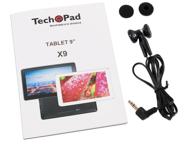 Tablet TechPad X9:
Procesador Rockchip RK3126 Quad Core (1.30 GHz),
Memoria RAM de 1GB , Almacenamiento de 16GB,
Doble Cámara, Pantalla Multi-Touch de 9