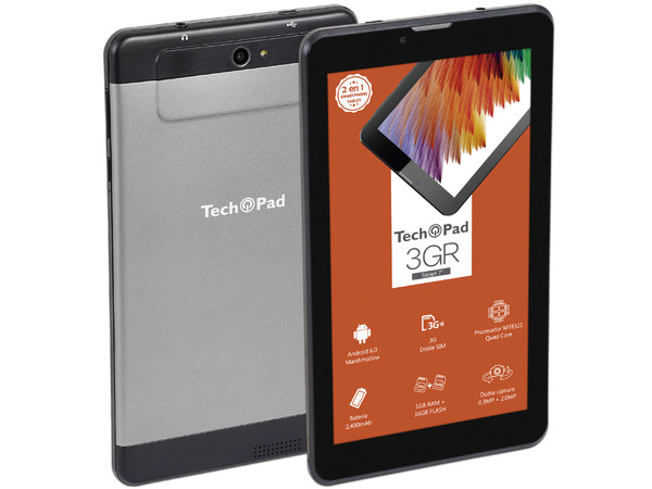 Tablet TechPad 3GR:
Red Inalámbrica 3G,
Procesador Quad Core (1.30 GHz),
Memoria RAM de 1GB , Almacenamiento de 16GB,
Pantalla Multi-Touch de 7